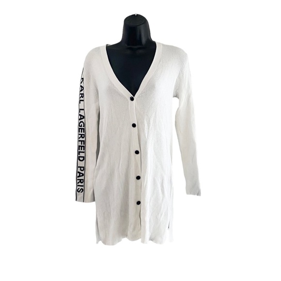 Karl Lagerfeld Sweaters - Karl Lagerfeld Paris Long Cardigan Ribbed White/Black Sweater Side Arm Logo XS